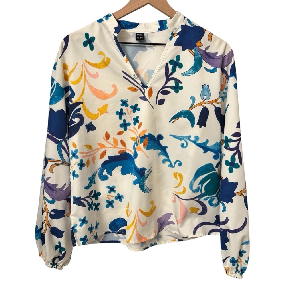 Boho White Floral Blouse Medium Notched Neck Bishop Sleeve Pullover - Flaw